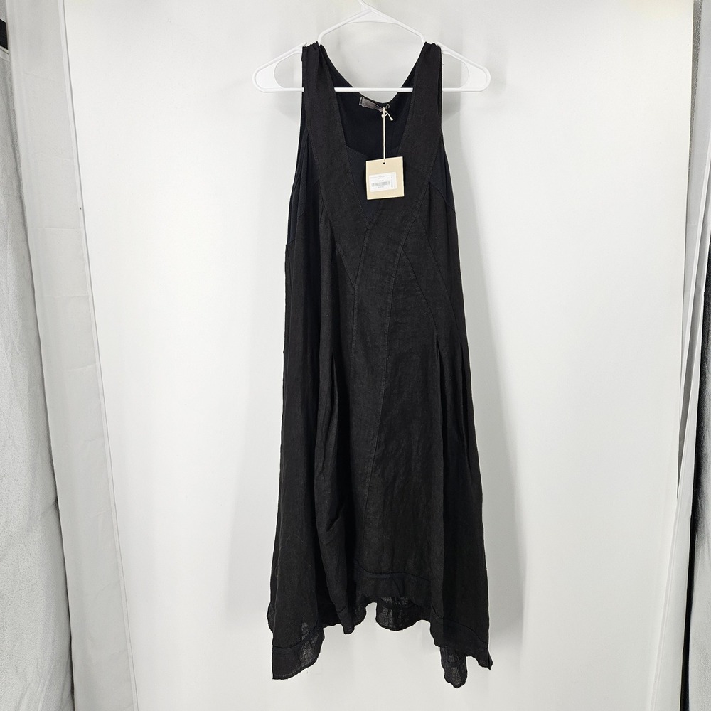 Lands Down Under Sleeveless Linen Flare Dress Black Lagenlook Midi Hi-Low NWT L - Picture 5 of 5